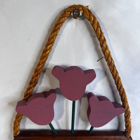 Boho Cottage Core Wooden Flower Basket Rope Handle Wall Decor Farmhouse Rustic - Picture 4 of 10